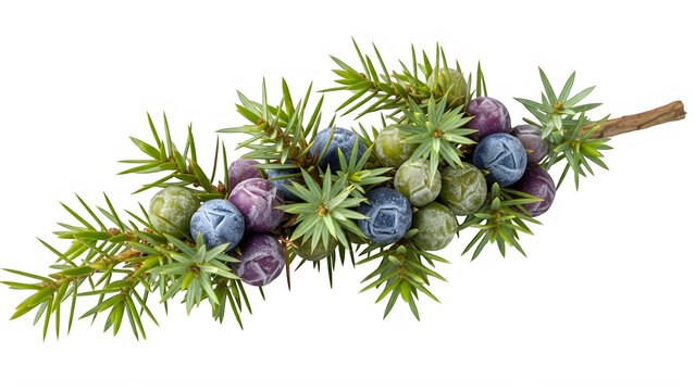 Fresh green juniper berries on a sprig with needles