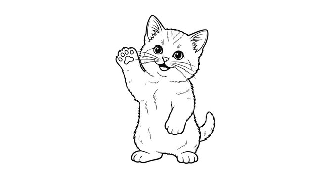Cute Cartoon Kitten Waving Hello Line Art Illustration