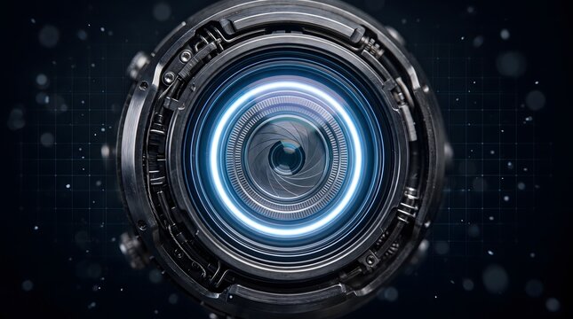 A detailed digital illustration of a futuristic camera lens with glowing blue circular light rings.