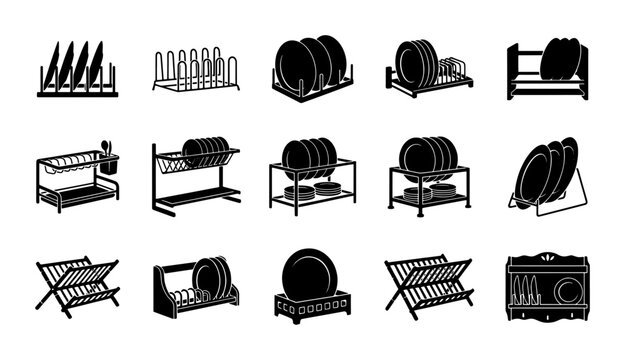 Kitchen Dish Rack Collection, Various Drying Stands, Utensil Holders, Plate Storage Solutions, Black and White Vector Icons
