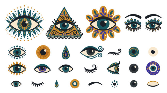 Collection of mystical eye icons in bohemian folk art style, including providence eye and evil eye symbols isolated on white background