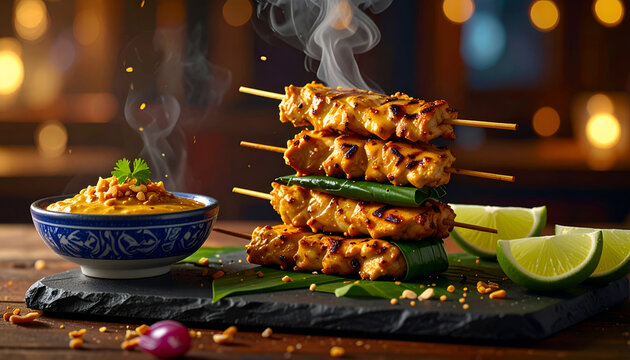 Delicious Grilled Chicken Satay Skewers with Peanut Sauce and Lime.