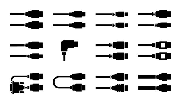 Vector Icon Set: Diverse Electronic Connectors, Cables, and Plugs for Technology and Data Transfer Applications