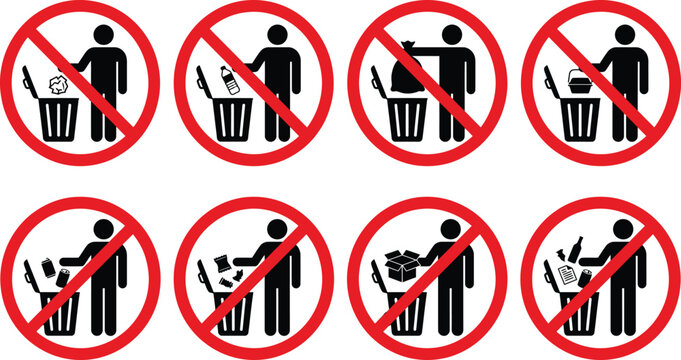 No Waste Disposal Prohibition Icon Set, Red Warning Sign Vectors on White