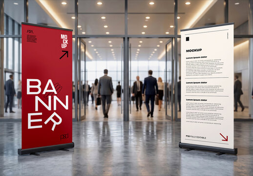 Roll-Up Banner Stands Mockup in Office Lobby