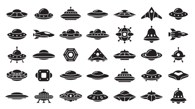 UFO and alien spacecraft icons set, 35 black silhouette flying saucer vector elements, futuristic extraterrestrial ship collection for sci-fi design