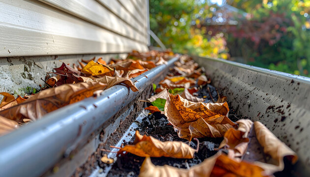Clogged Gutter Filled with Autumn Leaves and Debris.