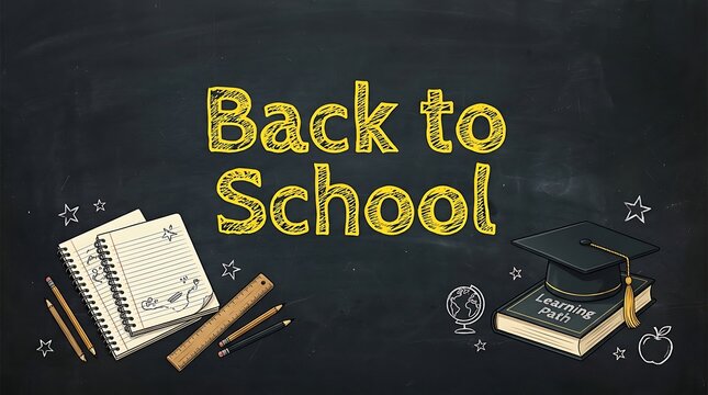 Back to school text with notebooks and educational supplies on a dark chalkboard background for students