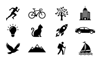 Obraz premium Modern Vector Icons Set: Running Man, Bicycle, Tree, Building, Lightbulb, Cat, Rocket, Car, Bird, Mountains, Hiker, Sailboat. Minimalist Black and White Graphics for Web and Print.
