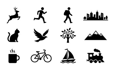 Obraz premium Diverse Vector Icon Set: Wildlife, Cityscape, Transportation, Nature, and Lifestyle Symbols for Graphic Design