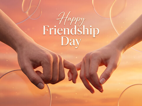 Two hands linking pinky fingers against a warm sunset background with floating bubbles with promise gesture against against soft orange hands making