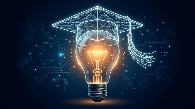 Digital glowing light bulb with a graduation cap representing innovation and academic success in modern education technology