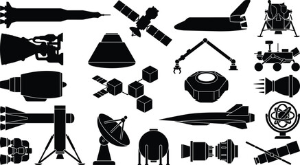 Space Exploration Silhouettes with Rockets, Satellites, Space Shuttle, Lunar Lander, Mars Rover, Telescopes, Antennas, and Capsule Icons © meftahul creatives