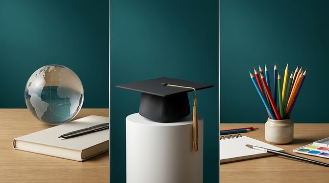 Graduation cap on a pedestal with books and stationery supplies on a wooden desk against green background