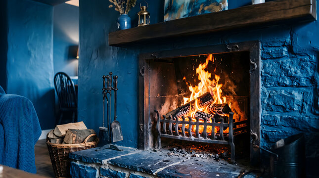 Cozy fireplace with burning logs and blue wall