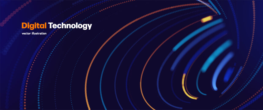 Digital Technology Background With Blue And Yellow Abstract Glowing Dotted Curved Lines And Futuristic Data Flow. Digital Technologies For Innovation And Networking. Vector Illustration.