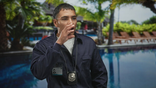 Man wearing police badge and idcard smiling with hand near mouth at building poolside resort; confidence duty.