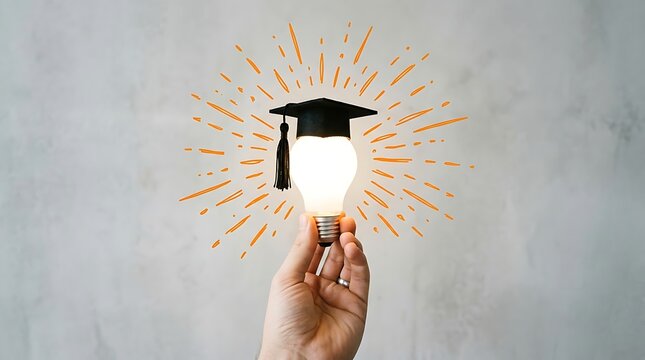 Hand holding a glowing light bulb with a graduation cap representing academic success and bright educational ideas