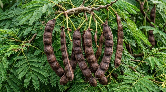 Cluster of dark brown, elongated seed pods hanging from a branch of a green albizia tree with feathery, compound leaves in a natural outdoor setting