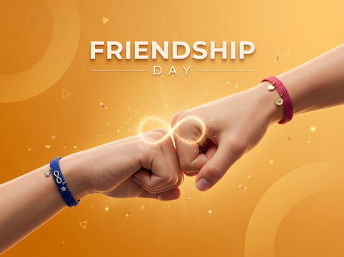 Two hands wearing friendship bracelets touching knuckles against a warm golden orange background with sparkling lights with relationship celebration