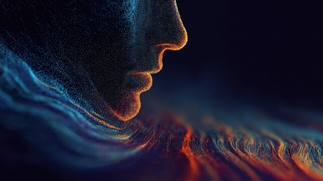 Abstract Profile Of Human Face Formed By Glowing Blue And Orange Digital Particles In Dark Background