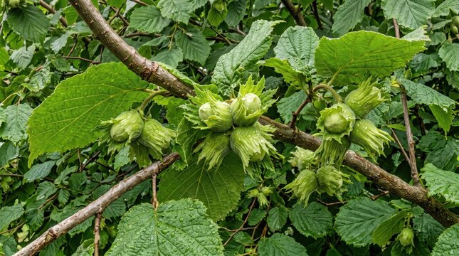 Clusters of green hazelnuts growing on a branch with serrated leaves, close-up view of unripe filbert nuts in their leafy husks on a hazel bush in a summer garden setting