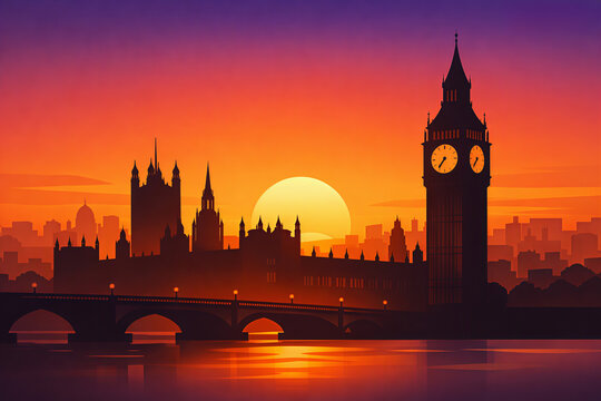 Big Ben London Sunset Minimal Flat Vector Landscape