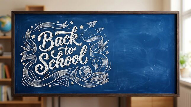 Back to school chalk lettering design on a blue classroom blackboard with copy space for text