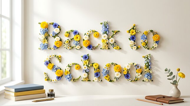 Back to school text made of colorful flowers on a white wall with desk supplies