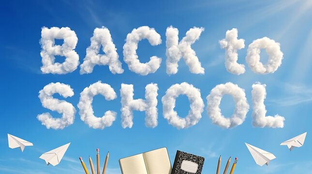 Back to school text formed by white clouds in a bright blue sky with school supplies below