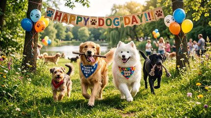 Fototapeta premium Happy Dog Day celebration with dogs running in park