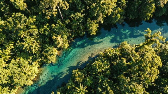 Top Down Aerial View of Crystal Clear Blue River Flowing Through Lush Tropical Jungle at Sunrise