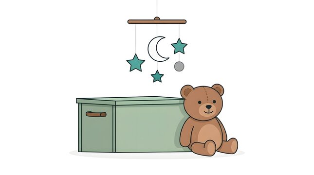 Cute teddy bear sitting near a green toy chest with hanging baby mobile vector illustration.