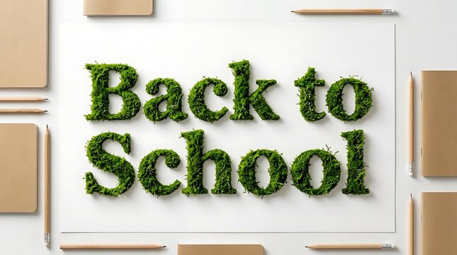 Back to school text made of lush green leaves surrounded by notebooks and stationery on white background