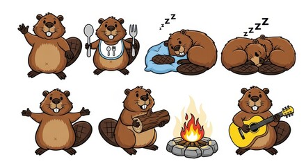 Fototapeta premium Cute Cartoon Beaver Character Set in Various Poses and Activities for Mascot and Design Projects