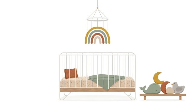 Modern minimalist boho baby nursery interior vector illustration with crib rainbow mobile and toys.
