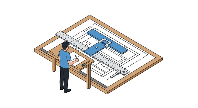 Professional draftsperson working on building blueprint sketches at drafting table with large T square.
