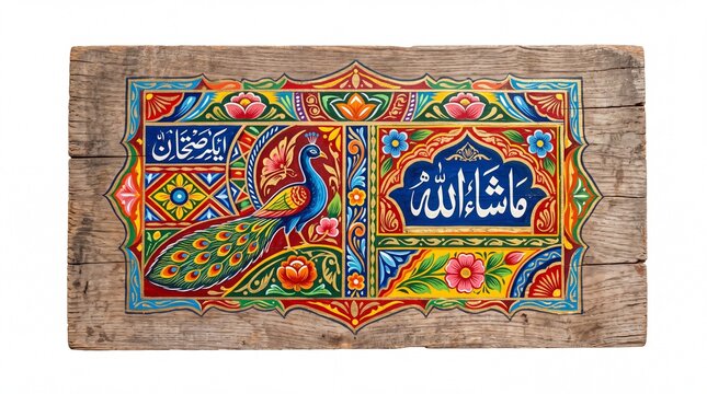 Truck art painting on wooden board, traditional Pakistani folk art with peacock and floral motifs, vibrant hand painted cultural decoration