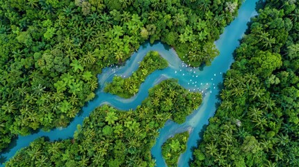 Aerial View of a Winding Blue River Flowing Through Lush Green Tropical Rainforest with White Birds © R Arts