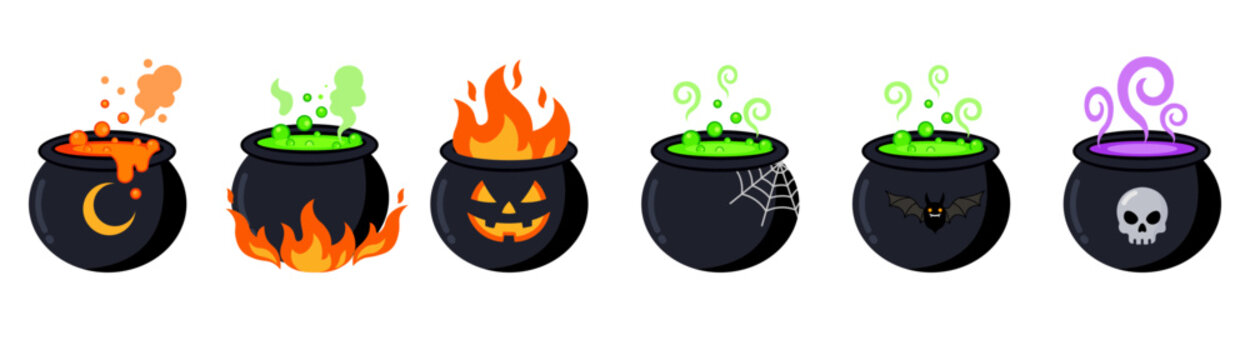 Set of cute Halloween witches cauldrons with bubbling magic potions vector illustration