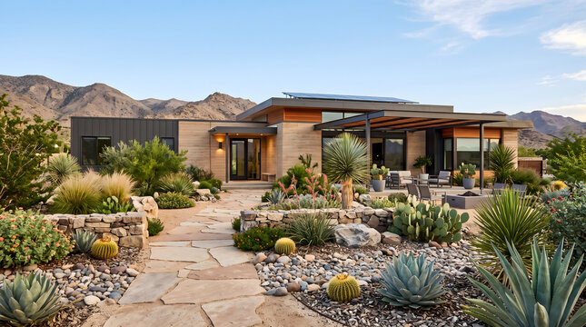 Modern desert home with xeriscape landscaping and mountain view