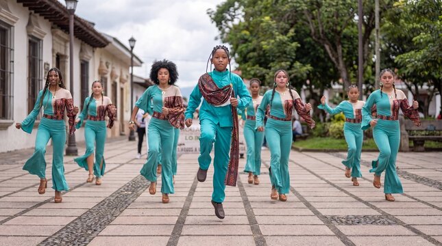 A dynamic group of young dancers in vibrant teal traditional costumes perform a synchronized routine on a cobblestone street during a festive outdoor parade.