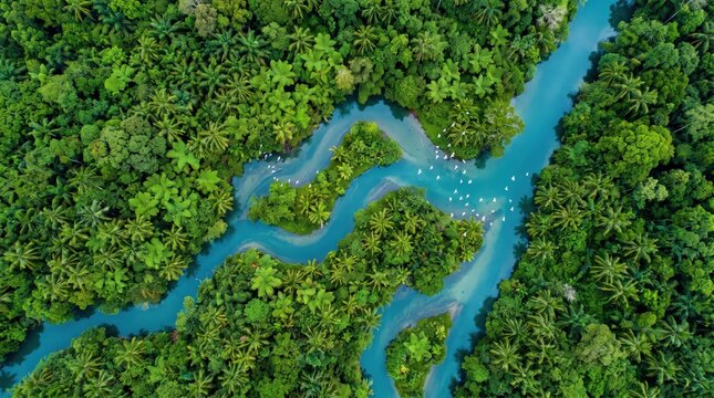 Aerial View of a Winding Blue River Flowing Through Lush Green Tropical Rainforest with White Birds