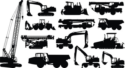 Heavy Construction Machinery Silhouettes with Crane, Excavator, Bulldozer, Dump Truck, Roller, and Industrial Equipment Icons © meftahul creatives