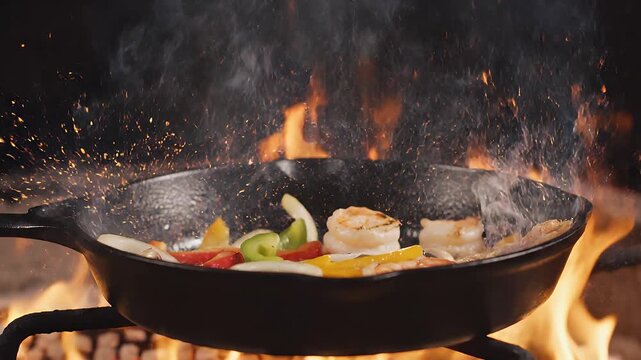 Shrimp and colorful vegetables sizzle in a cast iron skillet placed directly over an open fire flame.