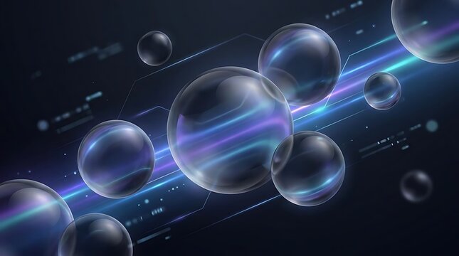 Floating bubbles with glowing digital data lines and flares.