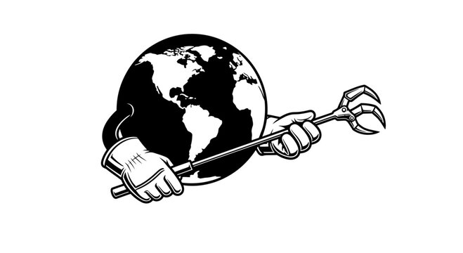 Earth Globe Character Holding Litter Picker Tool