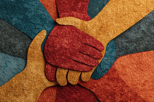 Abstract Group Hands Stacked Together Representing Unity And Teamwork With Vibrant Grainy Textures