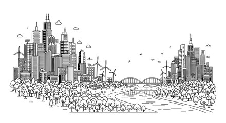 Naklejka premium Eco Friendly Cityscape with Green Energy and River Sketch