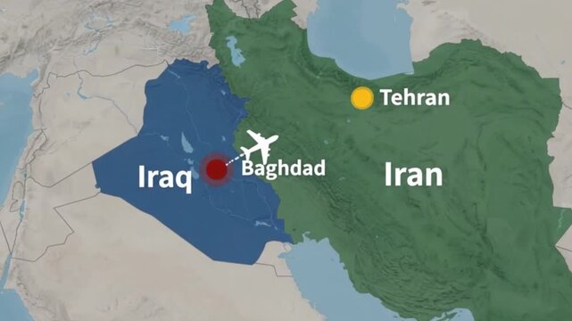 Air travel route map between baghdad iraq and tehran iran